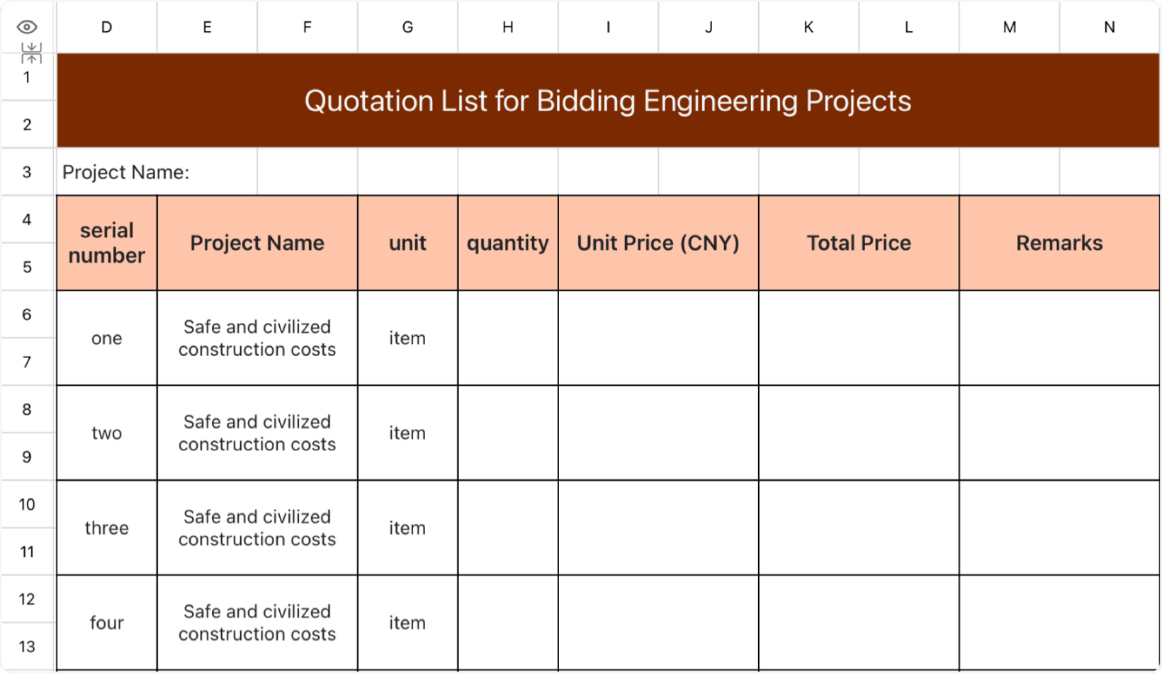 Bid engineering quotation list